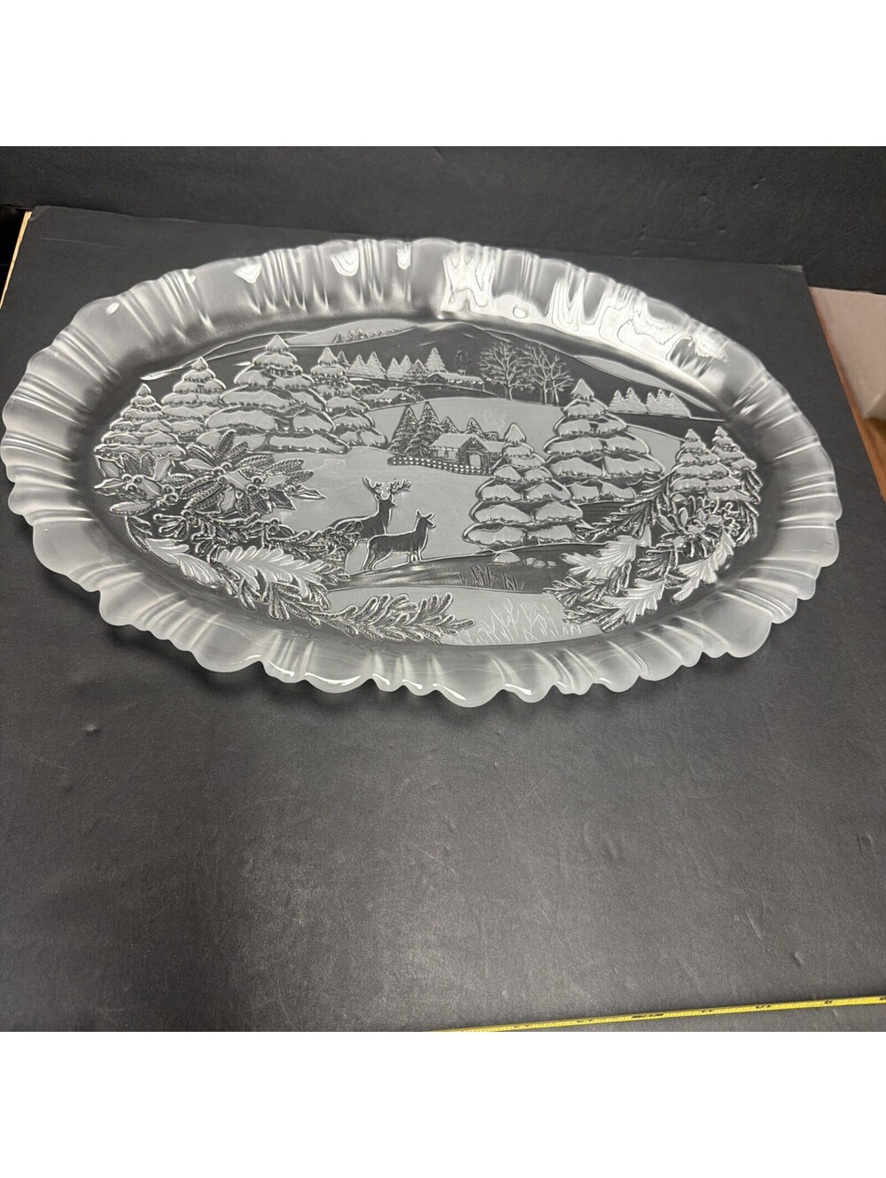 Christmas Glass Platter Clear and Frosted Winter Scene 17.25 X 12 1/8” Pine Deer